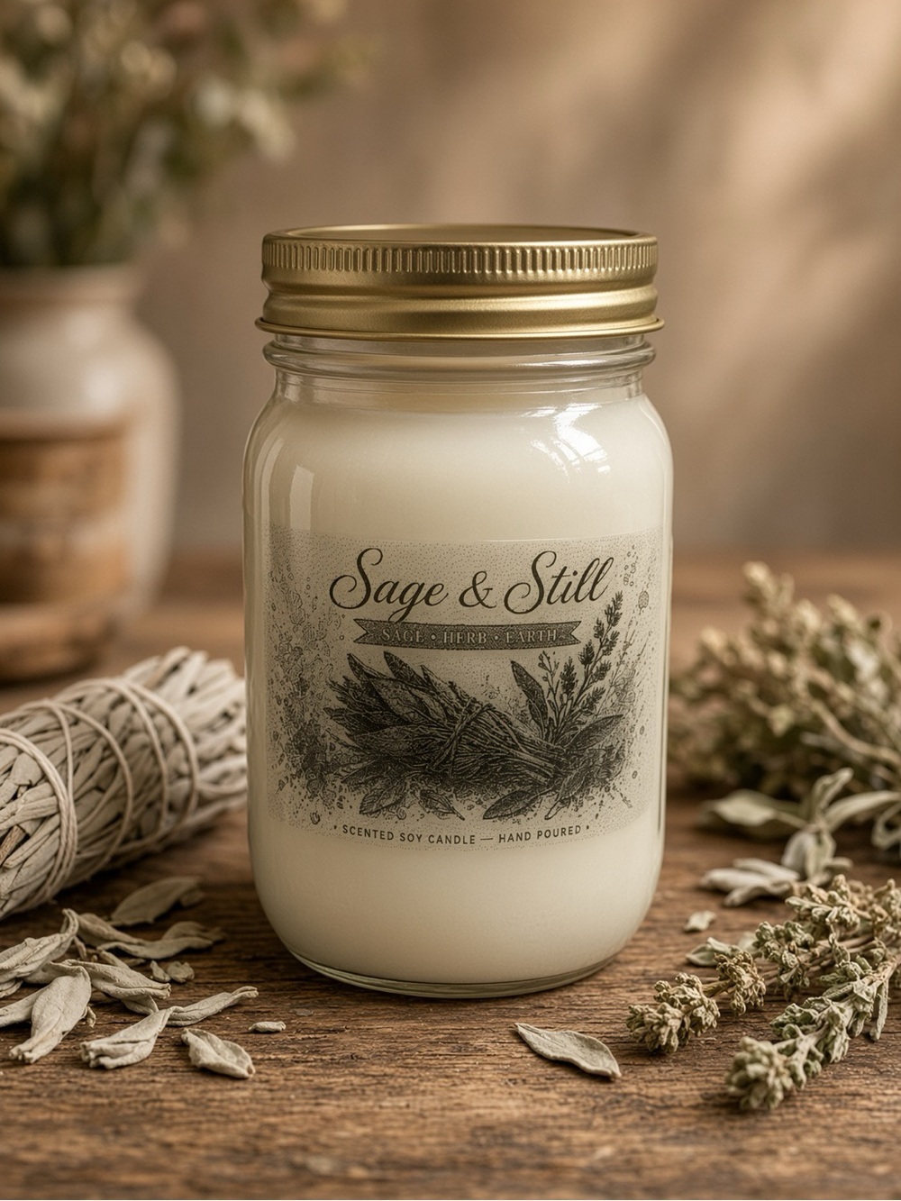 16oz Sage & Still Soy Candle | Mason Jar | White Sage Herb Earth